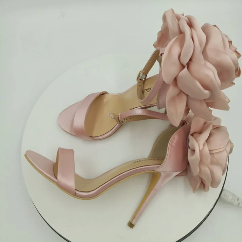 

2019 New High Heel Summer Ladies Dress Heels Ankle Strap Stiletto Heel Party Shoes Women Pink Red Black Satin Flower Sandals