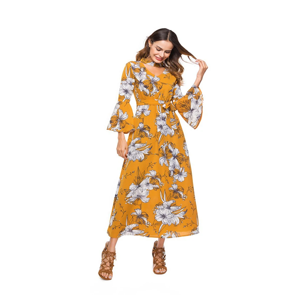 Женское Повседневное платье-макси с V-образным вырезом длинным рукавом и поясом |