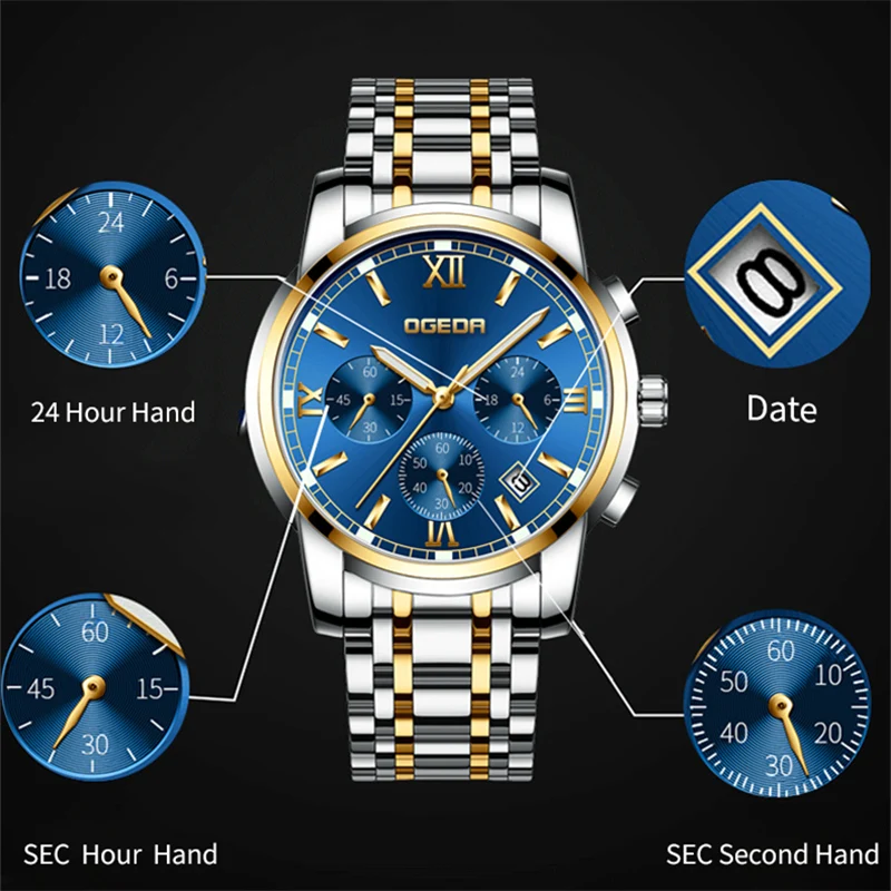 Relogio Masculino OGEDA New Sport Chronograph Mens Watches Top Brand Luxury Full Steel Quartz Clock Waterproof Classic Watch Men | Наручные