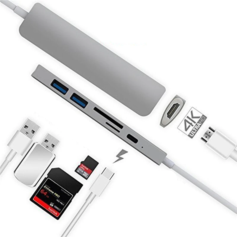 Megoo USB C док-станция для ноутбука 6 в 1 Тип C к HDMI/USB3.0/PD зарядка/SD TF кард-ридер для Mac Pro