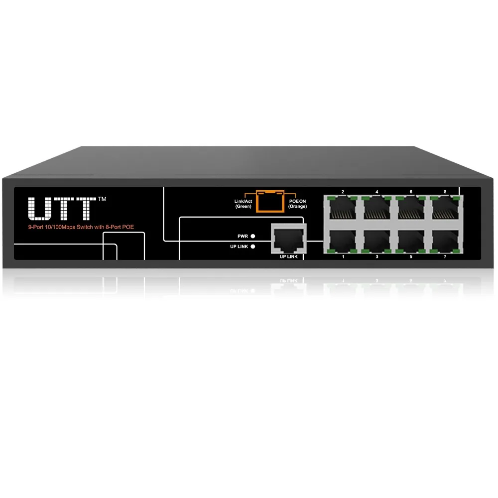 UTT S1081P-24V 8-портов Неуправляемый Пассивный Fast Ethernet PoE Коммутатор, 8 PoE портов 130 Вт, 24 В Пассивный PoE, плюс 1 Порта FE