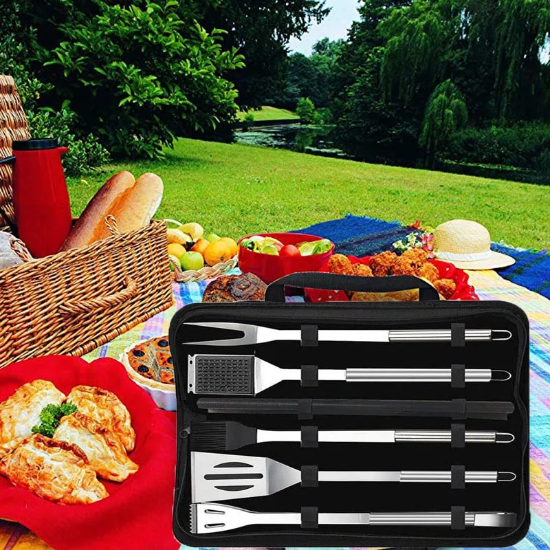 ICESTCHEF 6Pcs Stainless Steel Barbecue Tool Set Outdoor BBQ Grill Utensils Cooking Utensil Accessories With Carry Bag |