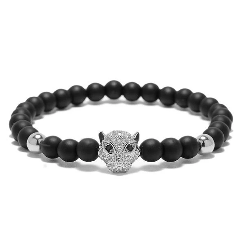 Sleek minimalist 6mm matte black stone beaded bracelet micro inlaid zircon leopard head | Украшения и аксессуары