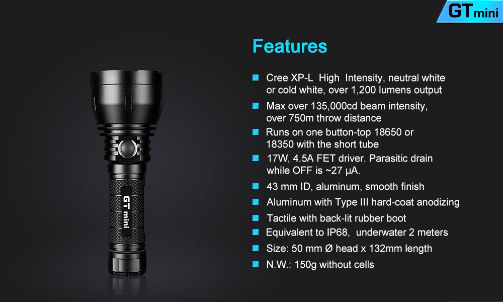 Светодиодный мини-фонарик с длинной трубкой GT, 17 Вт, 1200 а CREE XHL Max, 750 люмен, дальность луча 135 м, кд, наружный фонарик