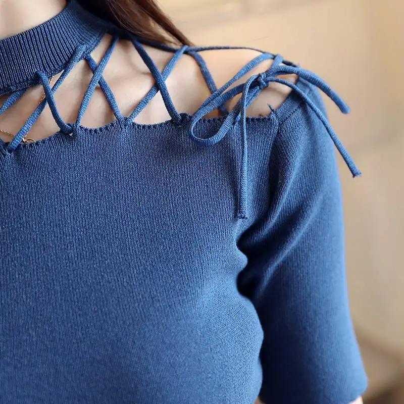 ONLYSVTER Sexy Hollow Out Women T Shirt Fashion Knitted Short Sleeves Top Euro Style Lurex Glitter Lace-up Female Tshirt | Женская