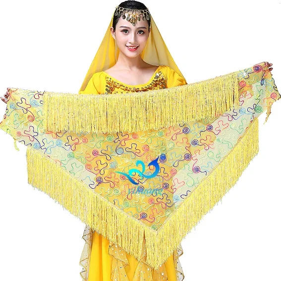 Yellow Костюм для танца живота, женский шарф для танца живота, пояс для выступлений, шаль, сетка с блестками и накидка с бахромой, юбка, треугольная юбка - Цвет: Yellow