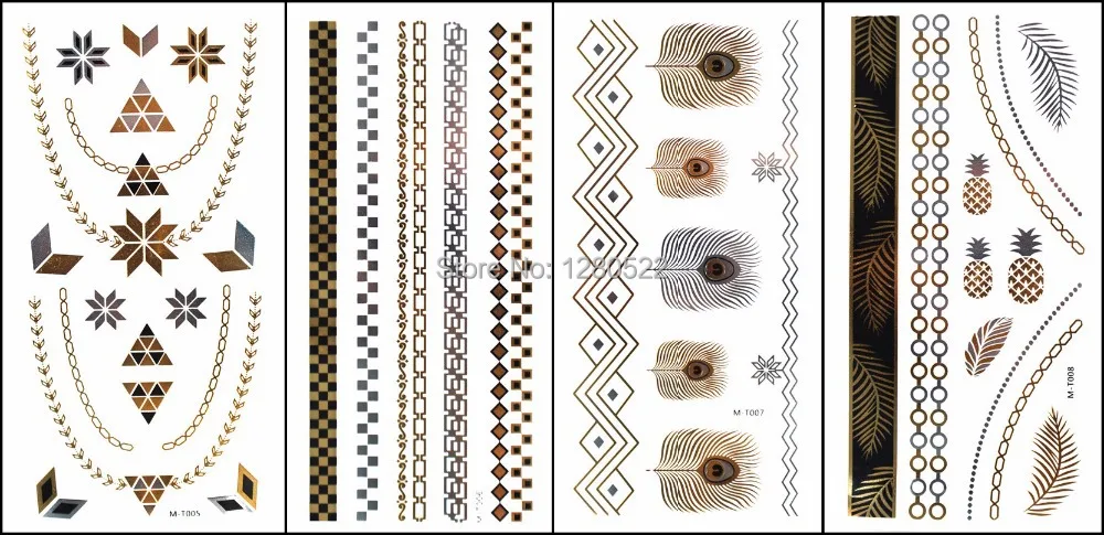 12 листов/партия татуировки Временные металлические золотистые/Серебристые |