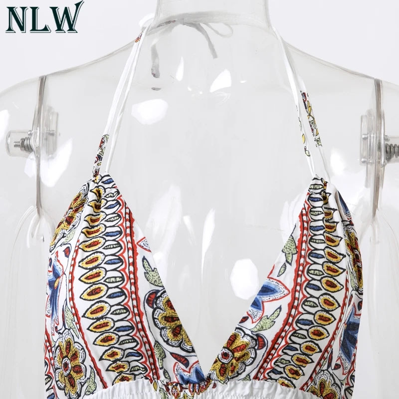 NLW White Print Maxi Dress V Neck Halter Summer 2018 Women Spaghetti Strap Sexy Long Chic Beach Party Girl Vestidos | Женская одежда