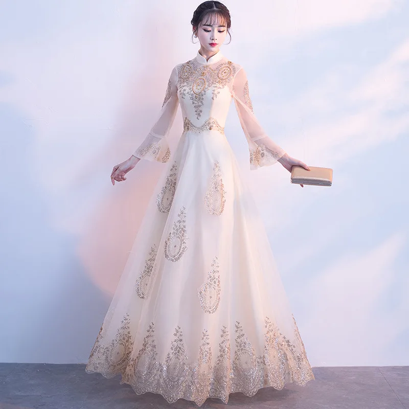 Винтажное китайское женское кружевное платье Qipao с цветами Элегантное свадебное