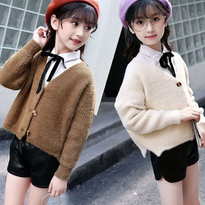 Knitted Sweaters Girl Coat Autumn Spring School Cardigan Knitting Jacket Kids White Brown Tops Clothing Children 2018 New | Детская