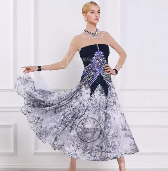 customized grey flower print ballroom dance dress adults women waltz dresses standard dr | Тематическая одежда и униформа