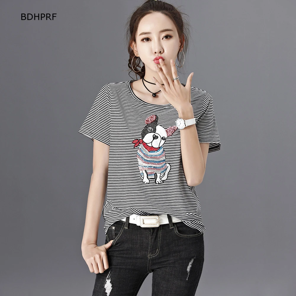 2018 летние футболки Для женщин полосатый принт короткий рукав o Средства ухода за