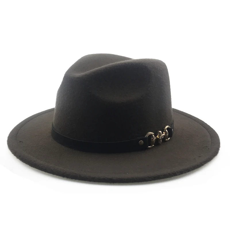 Brown Vintage Panam YY металлический пояс с черепом, фетровая Кепка для мужчин, зимние винтажные Трилби шапки для женщин, теплая фетровая Кепка с широкими полями, джазовые Панамы, 9 цветов 18126 - Цвет: Brown Vintage Panam