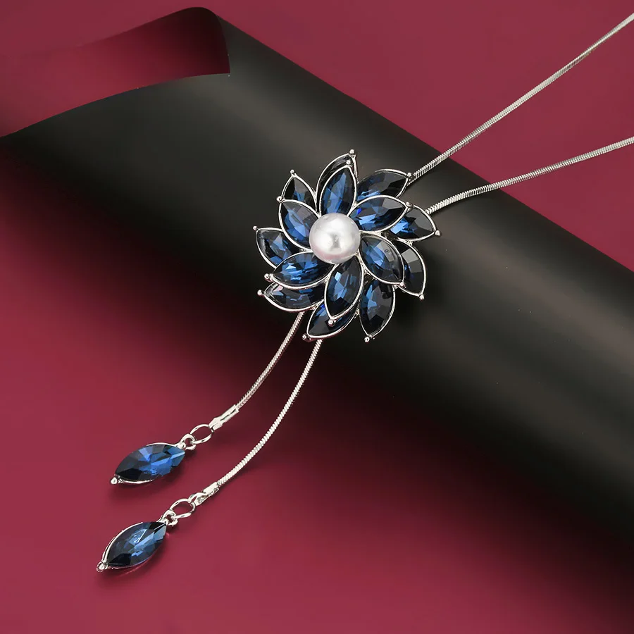 Collier Femme Bijoux 2018 Blue Crystal Necklaces Women Fashion Flower Long Pendant Necklace Choker Sweater Chain Accessories New |