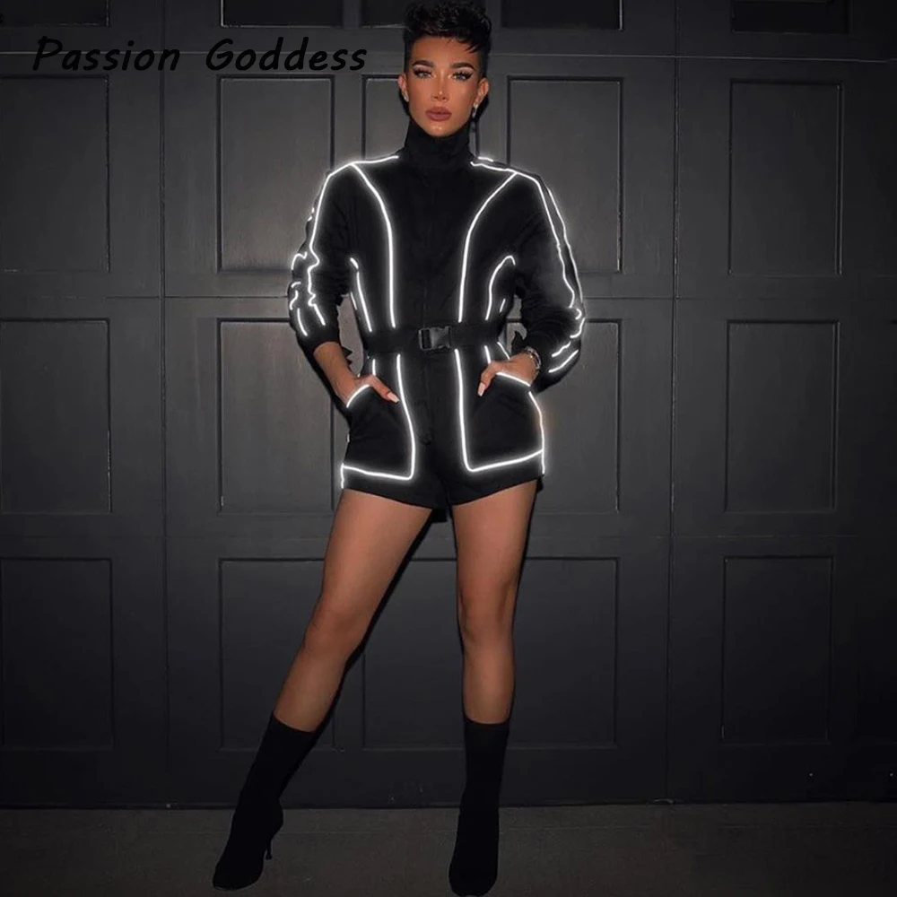 

Women Reflective Strip Playsuits Jumpsuits Rompers With Belt Zipper Jackets Outfits Long Sleeve Playsuit Overalls Shorts Macacao