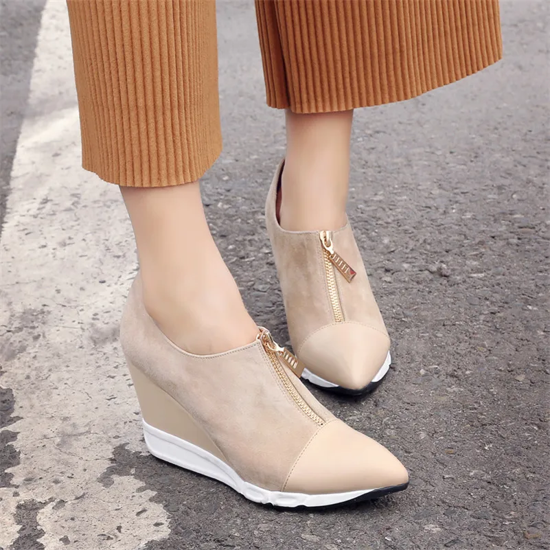 

CONASCO 2018 New Arrival Women Wedges High Heeled Pumps Sexy Patchwork Zipper Office Pumps Quality Comfort Casual Shoes Woman