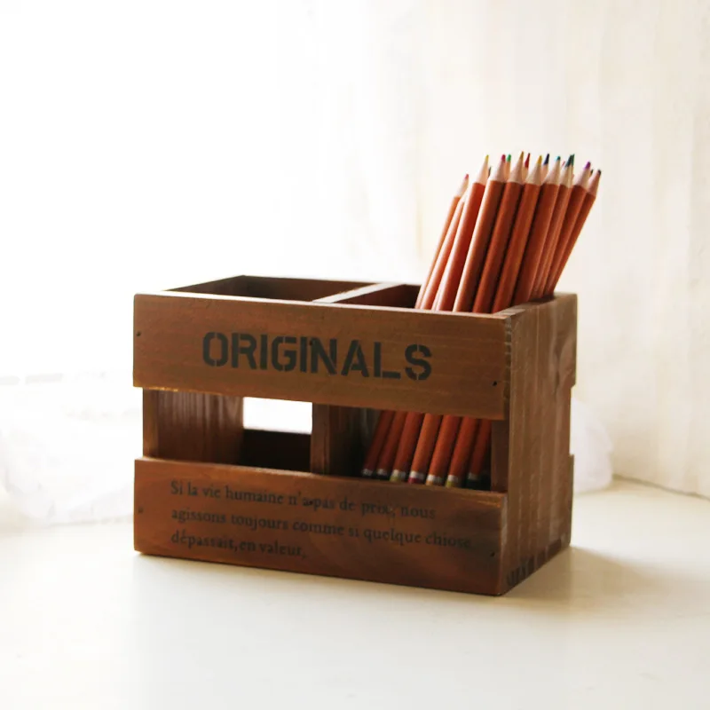 

1PC Creative Retro Wood Pen Holders 2 Grids School Office Students Pencil Holder Desktop Storage Box Home Office Storage NL 012