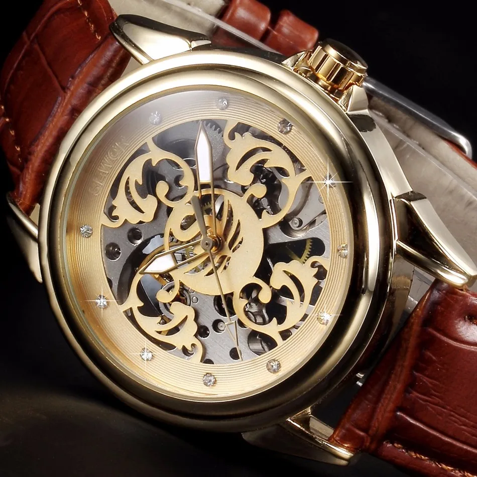SEWOR Роскошные брендовые Золотые механические часы для мужчин коричневый кожаный