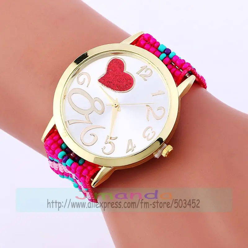 100pcs/lot 918097 women bead rope bracelet watches new ladies casual dress weave love big number watch heart style beaded clock | Наручные