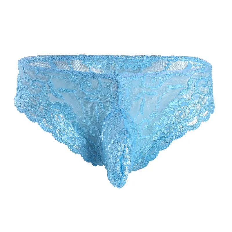 Sky Blue Tiaoчерепашки, мужские кружевные цветочные прозрачные стринги, трусы, пенис, выпуклость, с мешочком, низкая посадка, неженственные трусики, нижнее белье, Порно сексуальный мужской гей нижнее белье - Цвет: Sky Blue