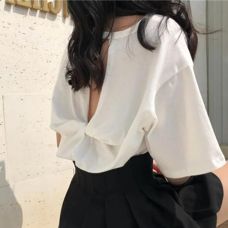 Женская Однотонная футболка с открытой спиной повседневная одежда Харадзюку