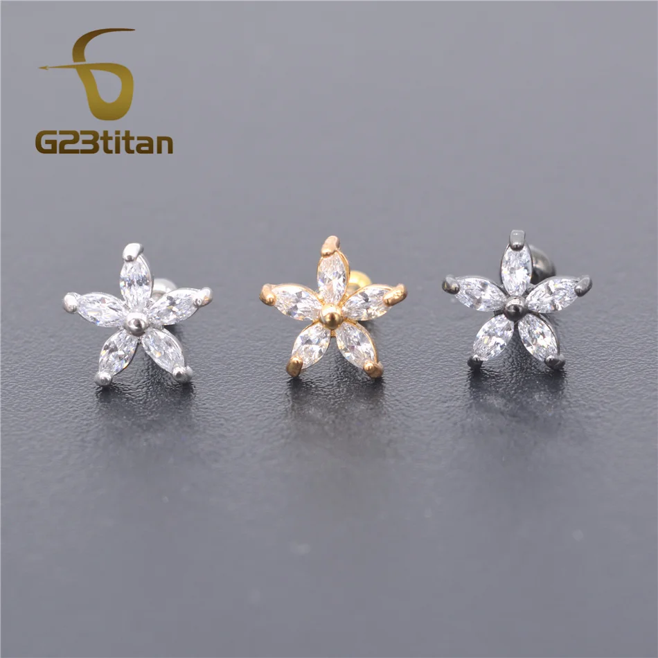 G23titan Украшенные цветком из страз, ушные серьги, Надеваемые На ушной хрящ 16G 6 мм стержня уха для Спиральные серьги в форме раковины пирсинг кольцо Для женщин тела пирсинг ювелирные изделия