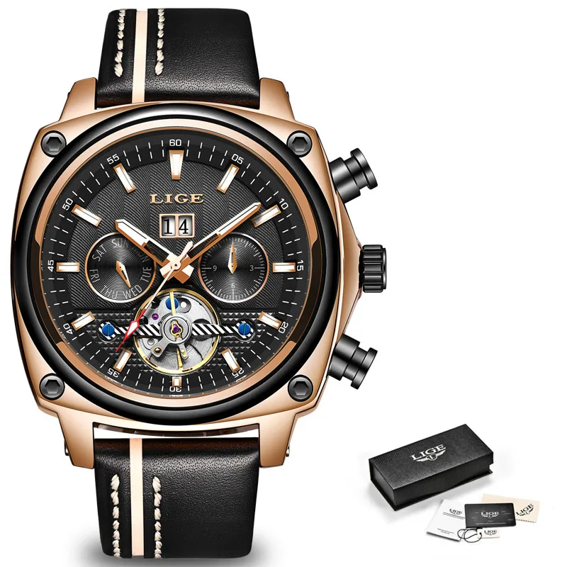 Rose gold black Relogio Masculino LIGE Лидирующий бренд Роскошные автоматические механические часы мужские кожаные водонепроницаемые спортивные часы мужские деловые наручные часы - Цвет: Rose gold black