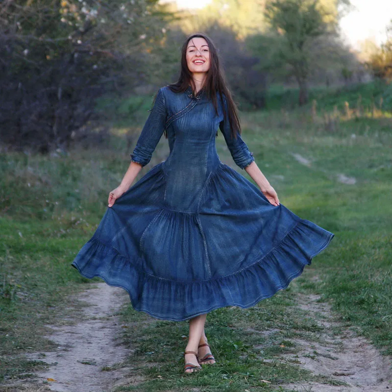 Женское платье Yuzi. may Boho новые джинсовые платья с рукавом три четверти А-силуэта синие женские элегантные винтажные джинсовые платья
