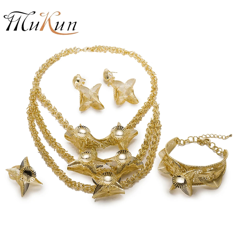 MUKUN Wholesale Big Nigerian Woman Wedding African Beads Jewelry Set Fashion Brand Dubai Sets Gold color accessories | Украшения и