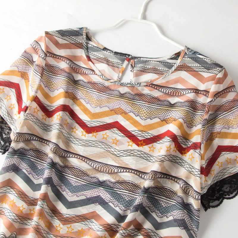 Женская кружевная рубашка из 100% шелка креповая Футболка с принтом короткий рукав