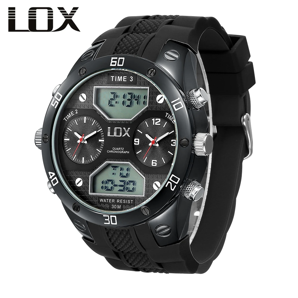 

LOX Military Watch 3 Time Zone Digital Big Watches For Men Relogio Esportivo Montre Homme Marque De Luxe Top Sports Clock