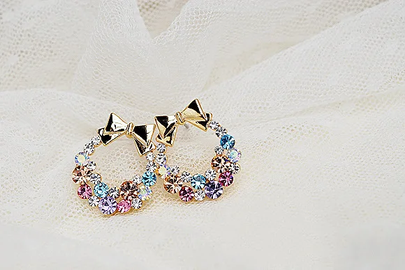 Женские Разноцветные серьги гвоздики Стразы с бантом Золотые кристаллами и