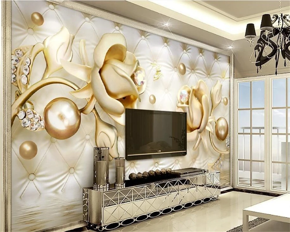 

beibehang papel de parede 3d luxury fit indoor wallpaper golden roses soft bag ball jewelry TV bedroom background wall tapety