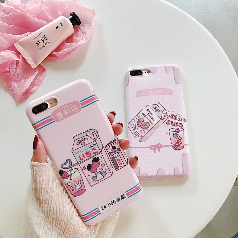 Kawaii Japanese Strawberry Milk Phone Case For iPhone 7 Puls 6 6S X Cases TPU Silicone Soft Back Cover Coque Funda Capa |