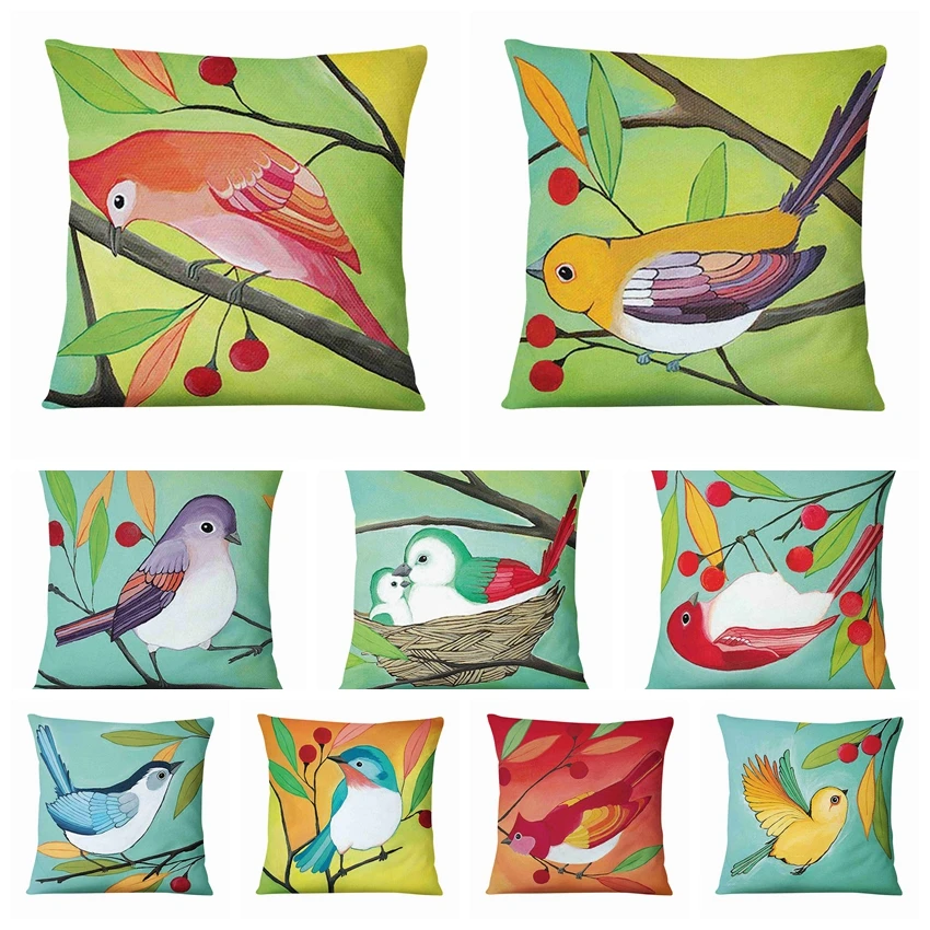 

Home Pillow Decoration Super Soft Velvet Cushion Decorative Pillow Watercolor Bird Printed Pillowcase Sofa Throw Pillow 45*45cm