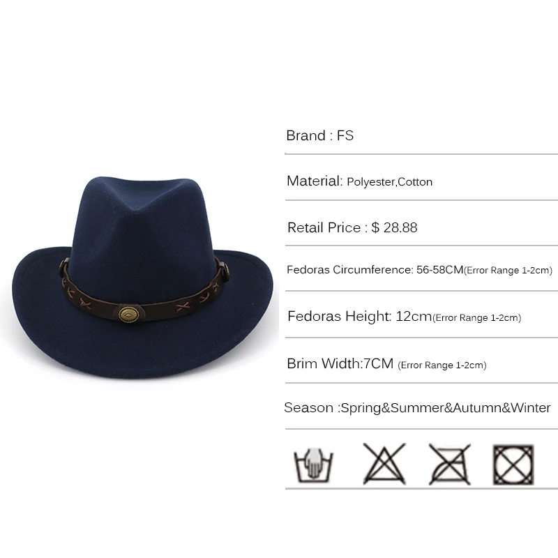 

FS Cotton Felt Fedora Hat For Men Women Elegant Vintage Western Cowboy Top Hats Bucket Cap With Ethnic Style Belt Autumn Winter