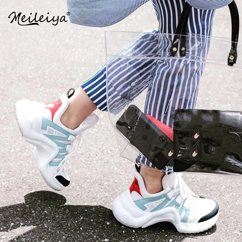 Women Sneakers Mixed Color Lace Up Platform Shoes 2019 Couple Street Style Daddy | Обувь