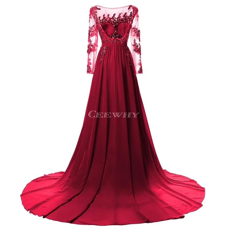 burgundy backless CEEWHY, синее сексуальное шифоновое вечернее платье с вышивкой и открытой спиной, платье для выпускного вечера с длинным рукавом и шлейфом для беременных женщин, Robe de Soiree - Цвет: burgundy backless
