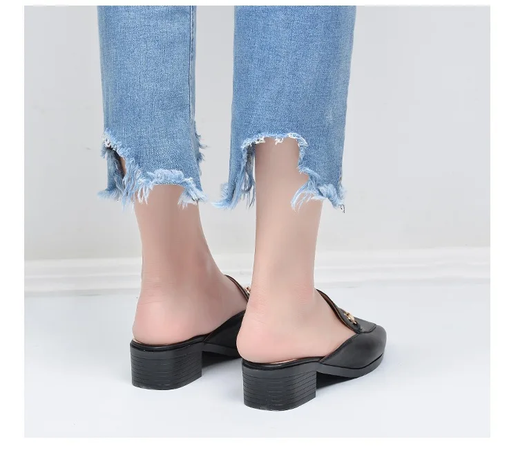 Summer Fashion Genuine Leather Mules Block Heels Shoes Woman Slipper Modis Black Casual Shoes Women Ladies Sliders Female