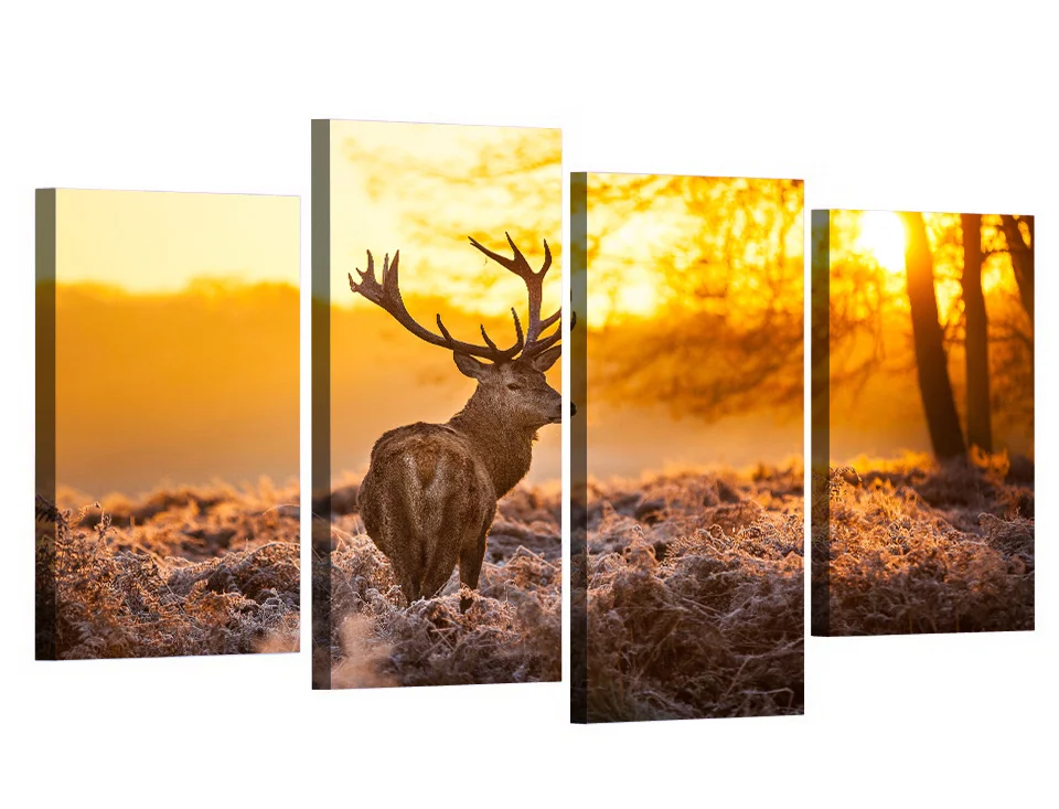 

4 Panel Canvas Art Canvas Painting Reindeer Wildland Sunset HD Printed Wall Art Poster Home Decor Picture for Living Room XA125C