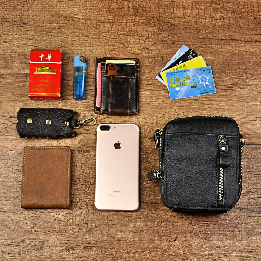 

Leather Male Casual Design Black Mini Shoulder Messenger bag Multifunction Fashion Belt Waist bag Travel Small Pouch Men 6807-b