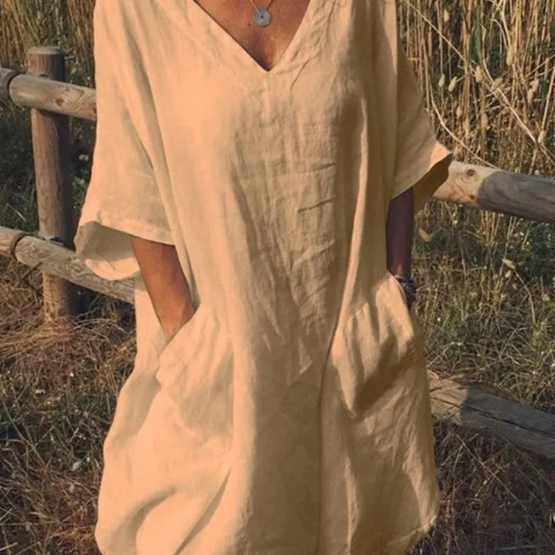 2019 summer new large size women's dresses pure color casual V-neck five-point sleeve double pocket | Женская одежда