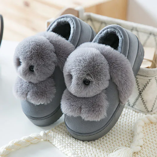 Gray Rabbit Милые Спальня Flatforms мех мягкий зима Нечеткие Для женщин Дом пушистые забавные плюшевые тапочки кролик Pom широкий покрой обувь дамы пушистый розовый - Цвет: Gray Rabbit