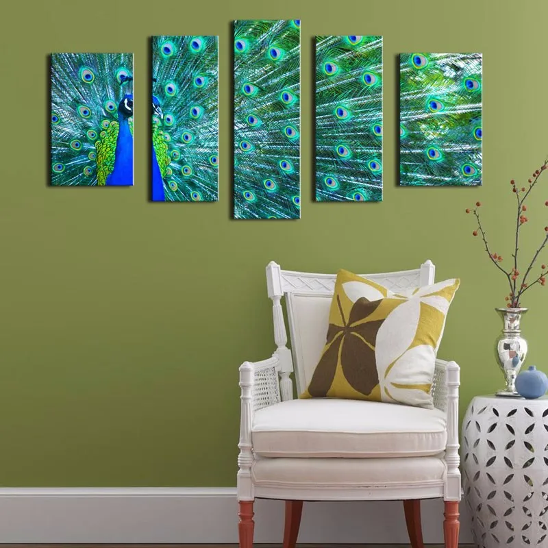 5 Panel Modern E-HOME Peacock Oil Painting Print On Canvas Home Decor Wall Art Picture No Frame Wholesale | Дом и сад
