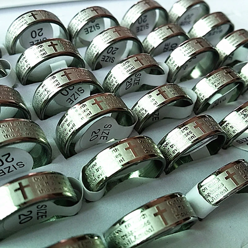 

Wholesale Lots Brand New 100PCs Bible Jesus Christianity English The Lord's Prayer Stainless Steel Polished Band Etching Rings