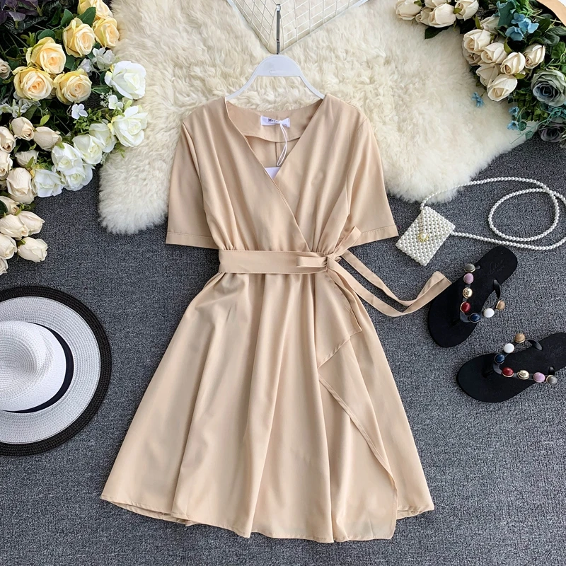 2019 новые модные женские платья Французский Сплошной цвет простой v-образный