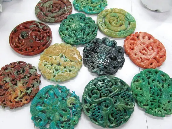 free ship--70mm(2.8inch) Ancient Jade Pendant handmade Rare Animals assortment Focal Green Red Blue Black beads--double carved | Украшения