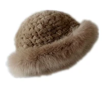 natural fur hats of natural rex rabbit fur women autumn winter elegance fox fur trim white 9 colors warm knitted fur caps h124
