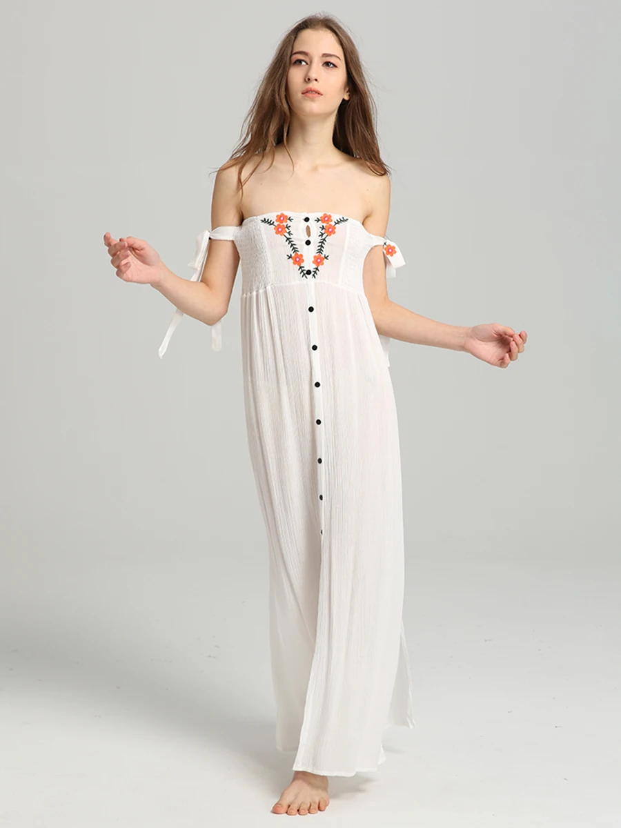 Женское платье макси с цветочной вышивкой Boho летняя одежда вырезом лодочкой и