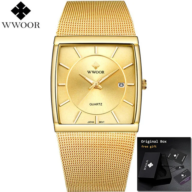 gold with box WWOOR Роскошные Брендовые мужские квадратные кварцевые часы, мужские водонепроницаемые часы с датой, черные сетчатые наручные часы из нержавеющей стали для мужчин - Цвет: gold with box